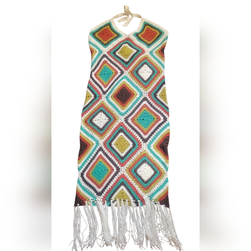 D'IYANU Handmade Crochet Diamond Pattern DRESS in Multicolor